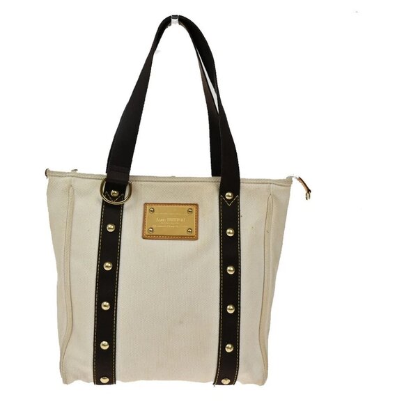 LOUIS VUITTON Cabas MM Shoulder Bag Antigua Canvas Leather White - Picture 1 of 14